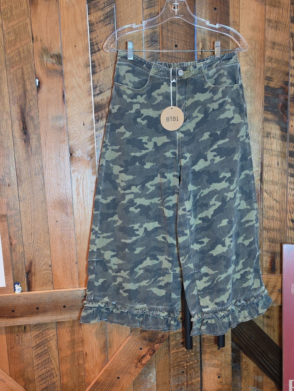 245p BiBi Green Camo Wide-Leg Jeans with Ruffle Hem